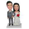 Happy groom in suit with his bride holding a bunch of rose custom bobbleheads