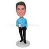 Man in blue shirt holding a cup custom bobbleheads