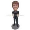 Smiling young man in black shirt matching with black pants custom bobbleheads