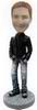 Male bobble head doll with black jacket and jeans