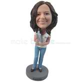 Personalized custom woman bobbleheads  with a bottle of wine