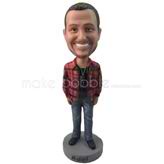 Personalized custom man in checked shirt and jeans bobbleheads dolls