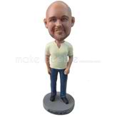 Personalized custom man in white open-necked T-shirt bobbleheads