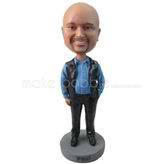 Personalized custom man  bobbleheads doll  in blue shirt and leather vest