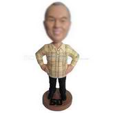 Custom gray-haired old man in light yellow checked polo shirt bobblehead