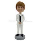 Personalized custom fair-haired female bobblehead in white suit