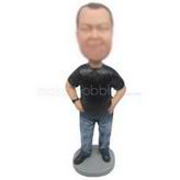 Personalized male in black t-shirt blue distressed jeans bobblehead