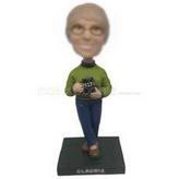 Personalized custom woman wearing green sweater with a cup bobblehead