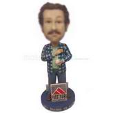 Custom bobblehead man in casual checked shirt with a baseball in hand