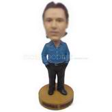 Custom bobblehead of handsome dude wearing blue shirt black suit pants