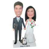 Handsome groom with his bride in white wedding dress and thier lovely cat custom bobbleheads