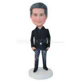 Cool man in black coat matching with jeans custom bobbleheads