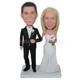 Groom in black suit and bride holding a bunch of flowers custom bobbleheads