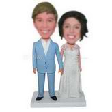 Groom in blue suit and bride in white wedding dress custom bobbleheads