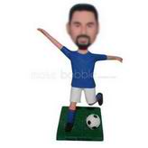 Sports man in blue shirt playing soccer custom bobbleheads