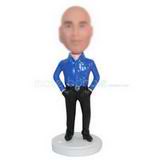 Bareheaded man in blue shirt matching with black pants custom bobbleheads