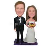 Groom in black suit and bride in white wedding dress custom bobbleheads