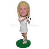 Young girl in white dress playing golf custom bobbleheads