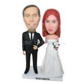 Groom in black suit and red hair bride in white wedding dress custom bobbleheads