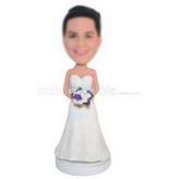 Bride in white wedding dress holding a bunch of flowers custom bobbleheads