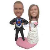 Super groom in black suit and bride in white wedding dress custom bobbleheads