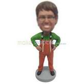 Cute man in green T-shirt matching with orange pants custom bobbleheads