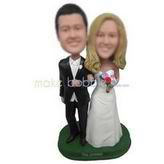 Groom in black suit and bride in white wedding dress custom bobbleheads