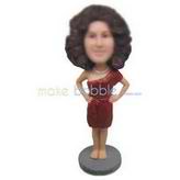 Fashion curly hair woman in red dress custom bobbleheads