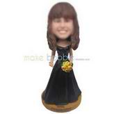 Beautiful woman in black long dress holding a bunch of flowers custom bobbleheads