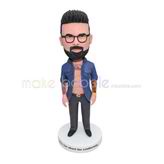 Customized handmade bobblehead with black frame glasses