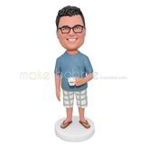 Customized handmade blue shirt bobble head doll