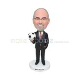 Personalized customized blacke suit manager bobblehead with a soccer ball