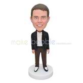 Personalized black overcoat and brown pants bobblehead 