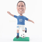 Personalized soccer player bobblehead with blue number 10 cloth