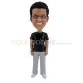 The black T'shirt man smiles custom bobbleheads