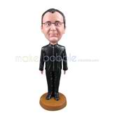 Custom man bobbleheads wears a black jacket