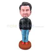 Custom man bobbleheads wears a black jacket