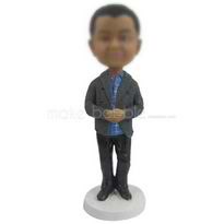 personnalisé enfant bobblehead en gris bleu chandail chemise à carreaux pantalon noir